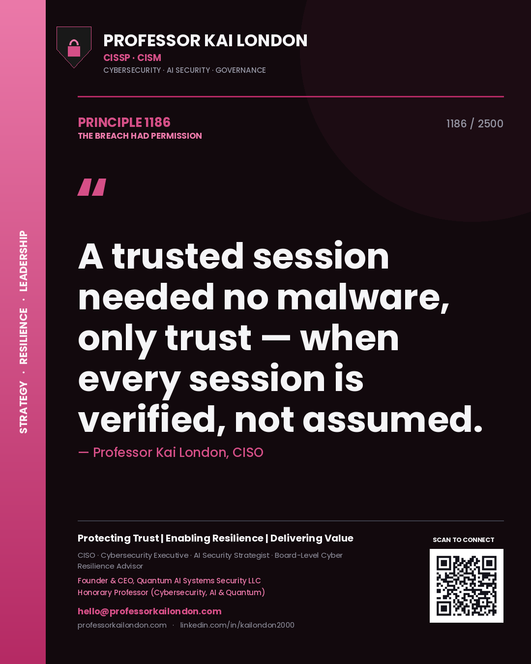 Quote card by Professor Kai London reading 'A trusted session needed no malware, only trust — when every session is verified, not assumed.'. From the book The Breach Had Permission.