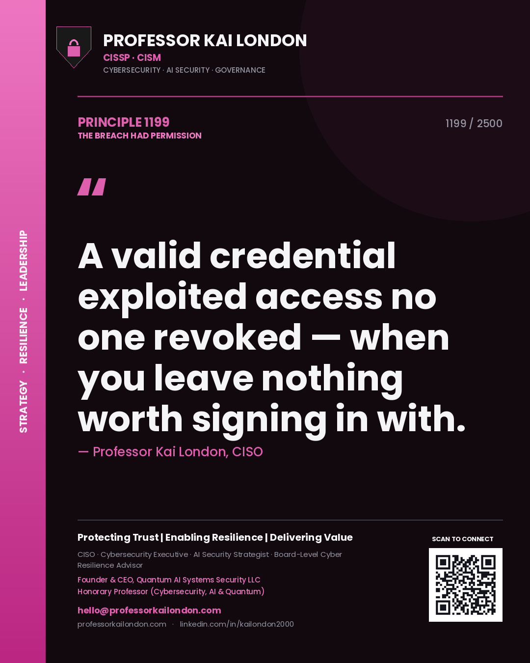 Quote card by Professor Kai London reading 'A valid credential exploited access no one revoked — when you leave nothing worth signing in with.'. From the book The Breach Had Permission.