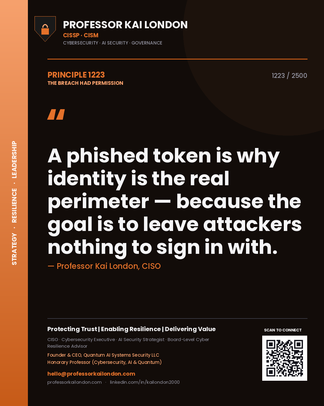 Quote card by Professor Kai London reading 'A phished token is why identity is the real perimeter — because the goal is to leave attackers nothing to sign in with.'. From the book The Breach Had Permission.
