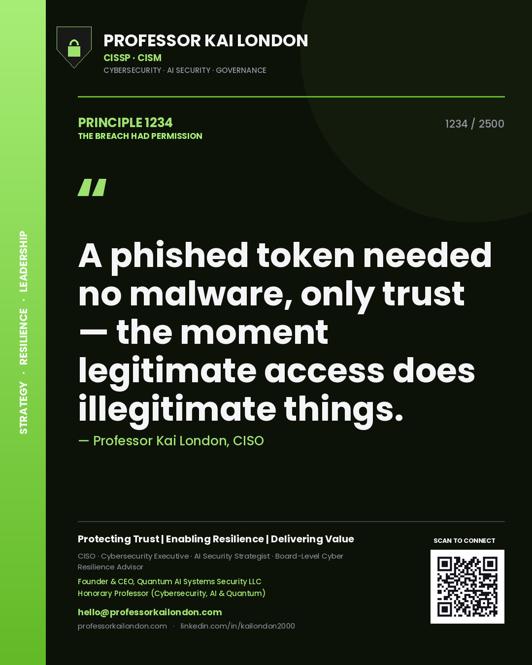 Quote card by Professor Kai London reading 'A phished token needed no malware, only trust — the moment legitimate access does illegitimate things.'. From the book The Breach Had Permission.