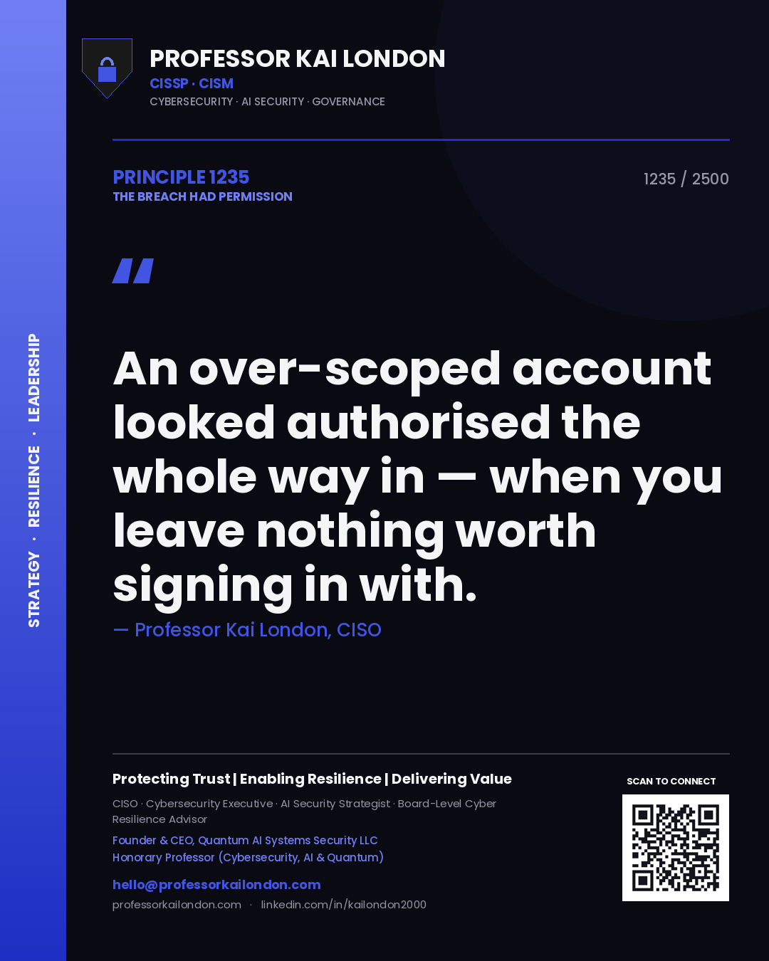 Quote card by Professor Kai London reading 'An over-scoped account looked authorised the whole way in — when you leave nothing worth signing in with.'. From the book The Breach Had Permission.