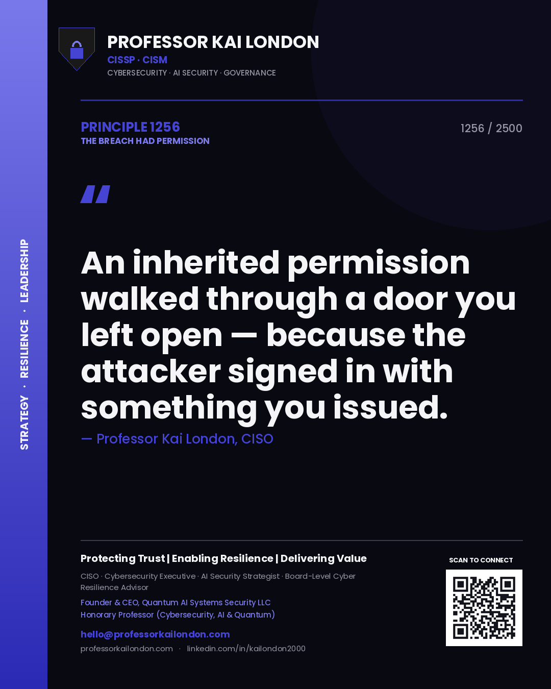 Professor Kai London principle 1256: An inherited permission walked through a door you left open — because the attacker signed in with something you issued.