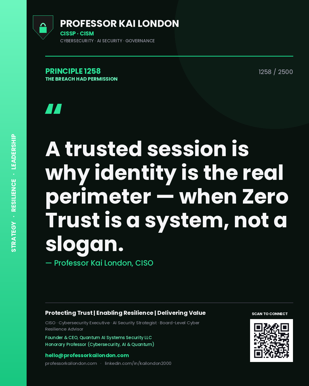Professor Kai London principle 1258: A trusted session is why identity is the real perimeter — when Zero Trust is a system, not a slogan.