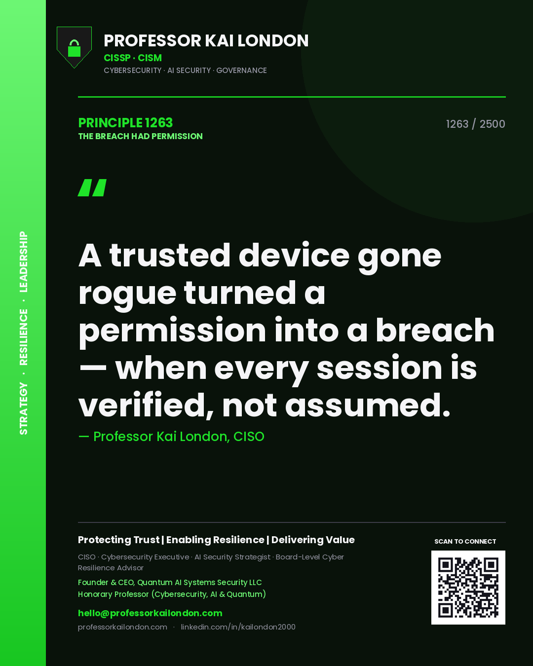 Professor Kai London principle 1263: A trusted device gone rogue turned a permission into a breach — when every session is verified, not assumed.