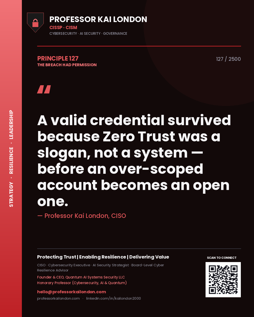 Professor Kai London principle 127: A valid credential survived because Zero Trust was a slogan, not a system — before an over-scoped account becomes an open one.