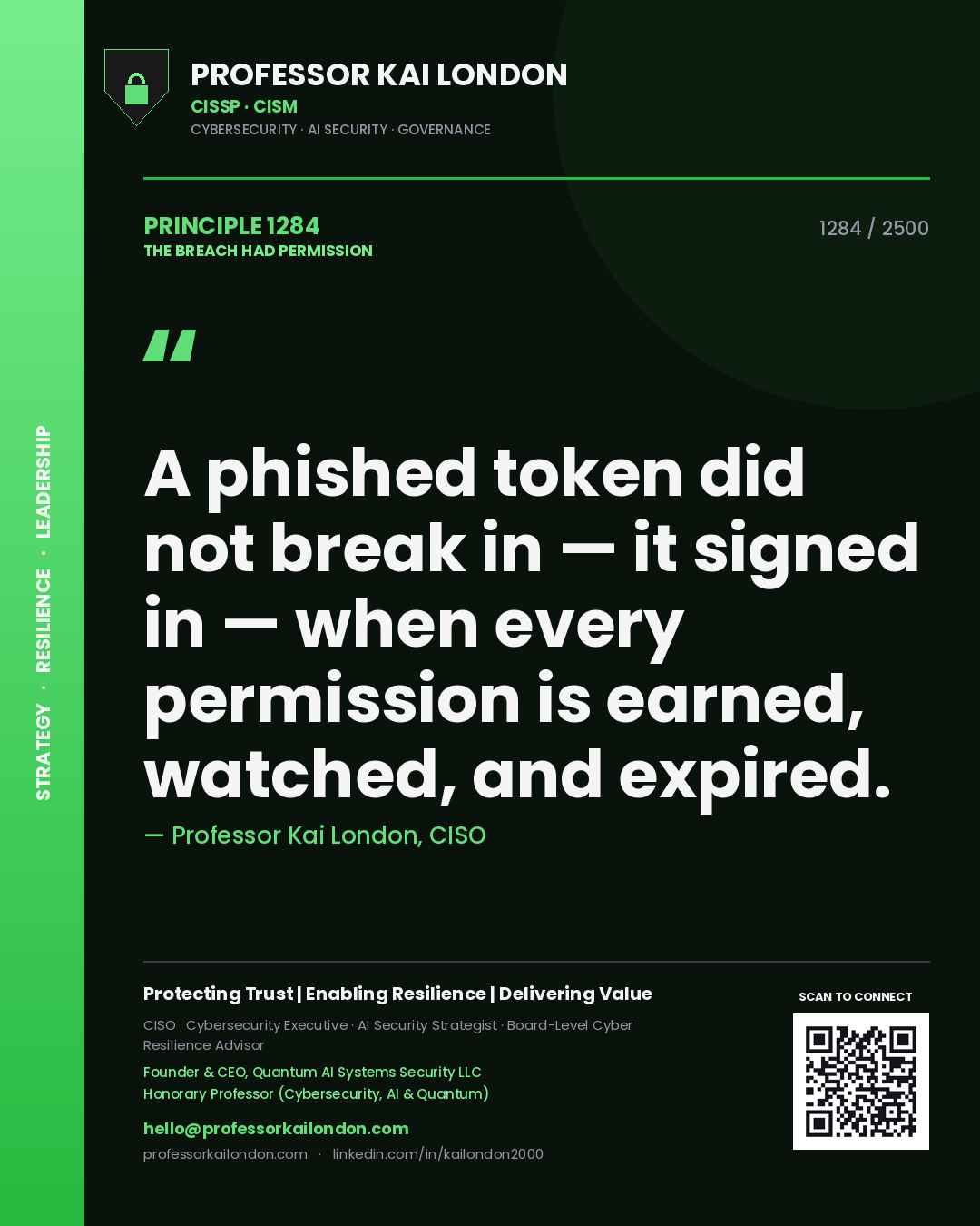 Professor Kai London principle 1284: A phished token did not break in — it signed in — when every permission is earned, watched, and expired.