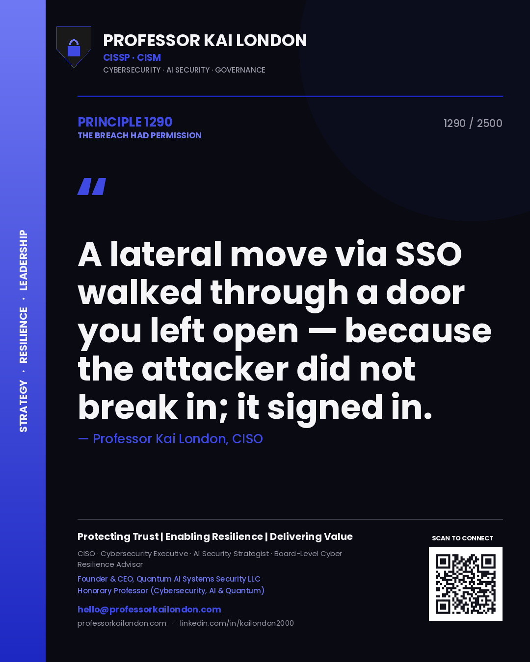 Professor Kai London principle 1290: A lateral move via SSO walked through a door you left open — because the attacker did not break in; it signed in.