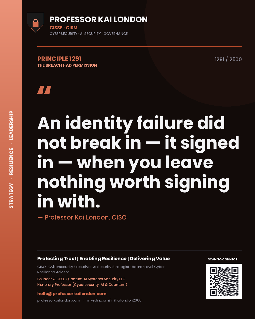Quote card by Professor Kai London reading 'An identity failure did not break in — it signed in — when you leave nothing worth signing in with.'. From the book The Breach Had Permission.