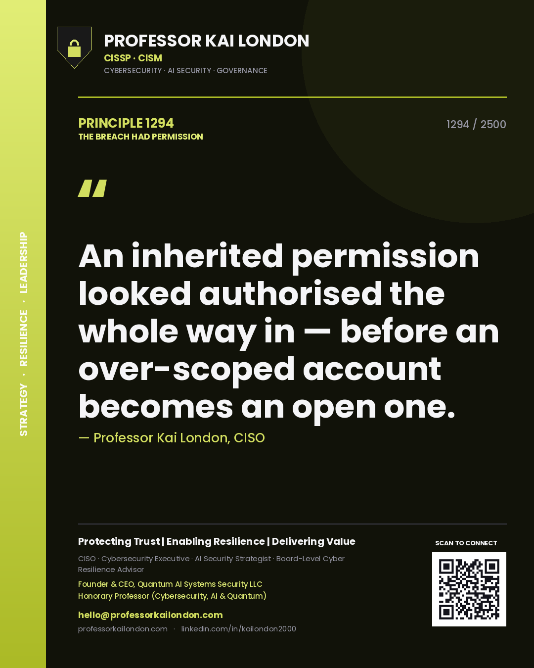 Quote card by Professor Kai London reading 'An inherited permission looked authorised the whole way in — before an over-scoped account becomes an open one.'. From the book The Breach Had Permission.