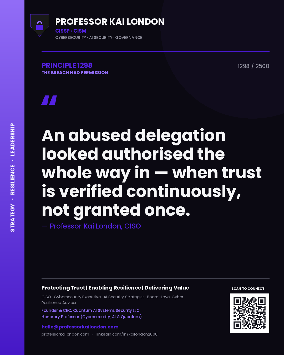 Quote card by Professor Kai London reading 'An abused delegation looked authorised the whole way in — when trust is verified continuously, not granted once.'. From the book The Breach Had Permission.