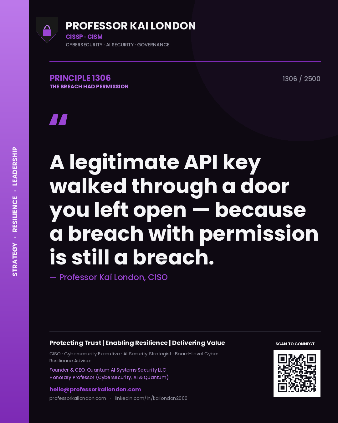 Quote card by Professor Kai London reading 'A legitimate API key walked through a door you left open — because a breach with permission is still a breach.'. From the book The Breach Had Permission.