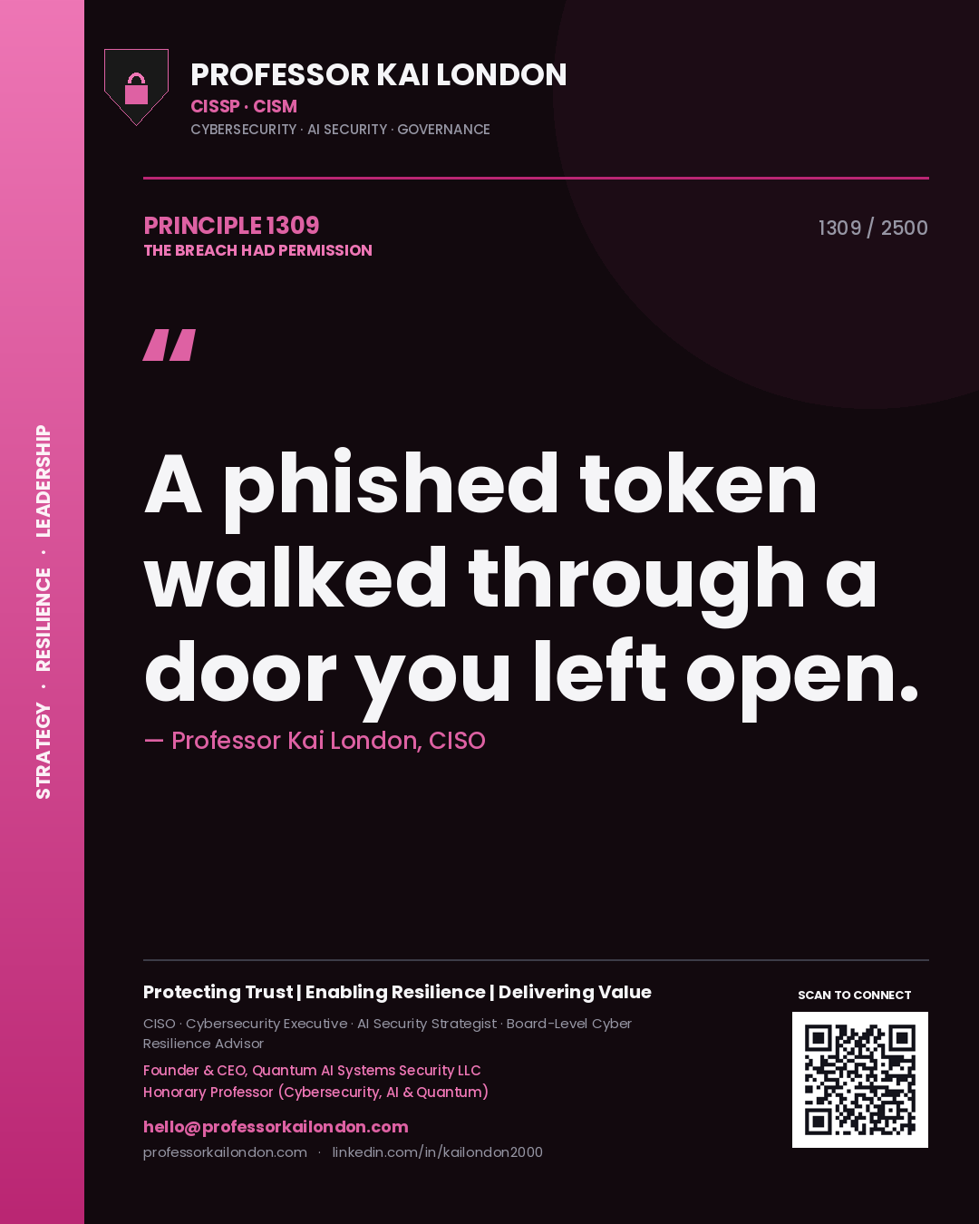 Quote card by Professor Kai London reading 'A phished token walked through a door you left open.'. From the book The Breach Had Permission.
