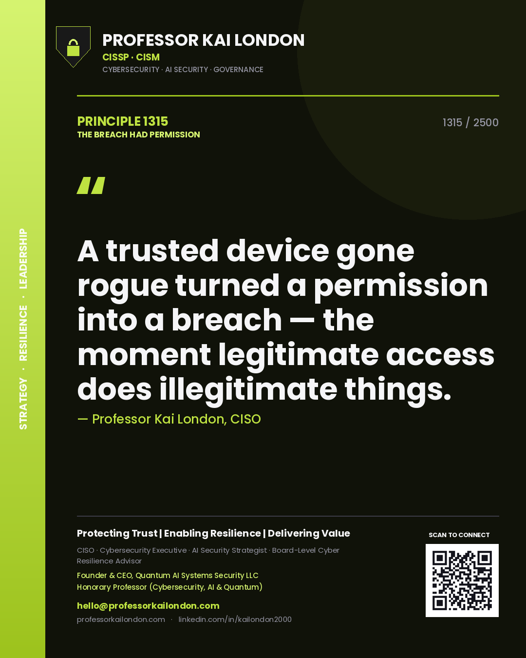 Professor Kai London principle 1315: A trusted device gone rogue turned a permission into a breach — the moment legitimate access does illegitimate things.