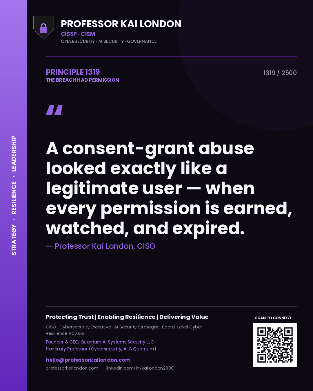 Quote card by Professor Kai London reading 'A consent-grant abuse looked exactly like a legitimate user — when every permission is earned, watched, and expired.'. From the book The Breach Had Permission.