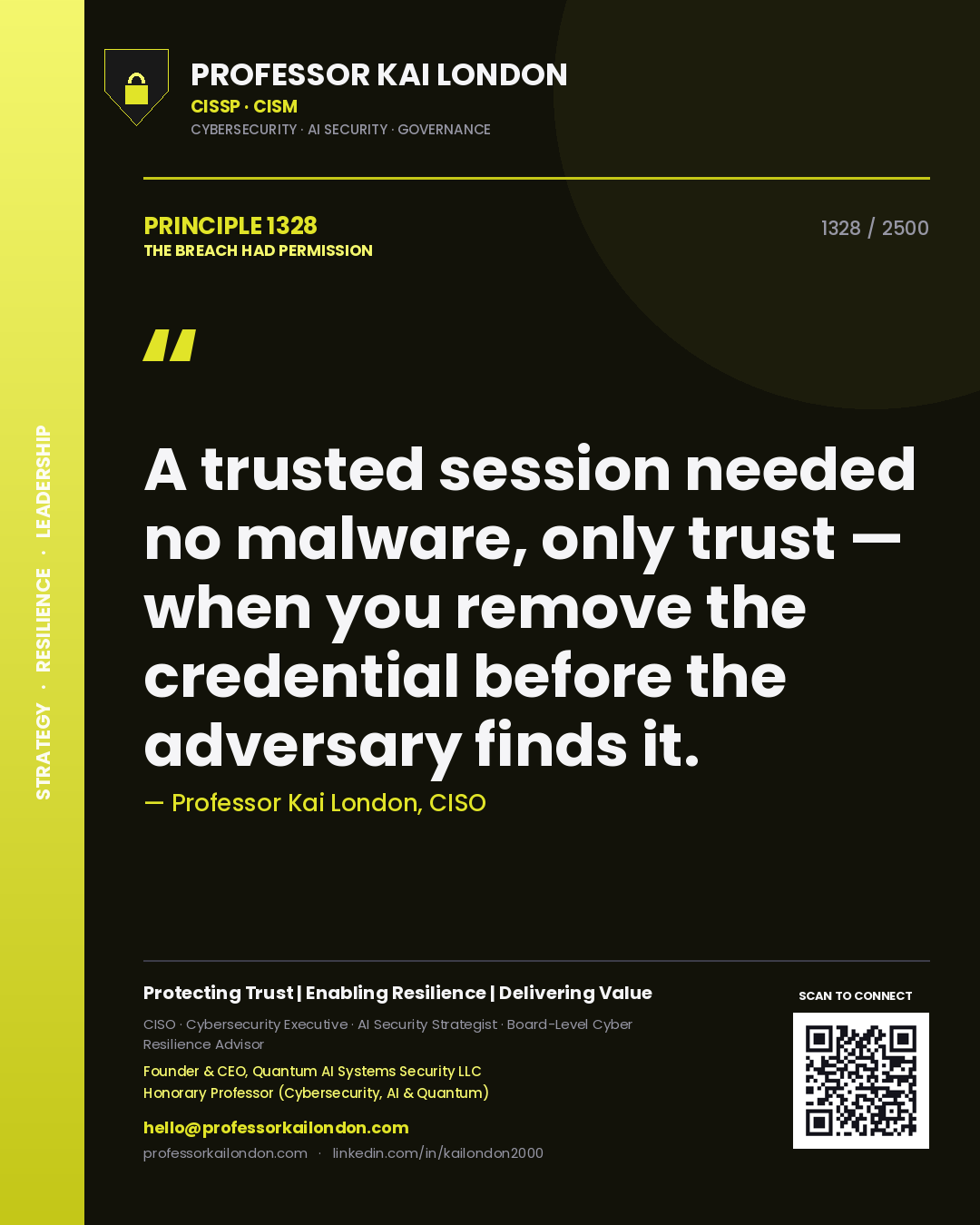 Quote card by Professor Kai London reading 'A trusted session needed no malware, only trust — when you remove the credential before the adversary finds it.'. From the book The Breach Had Permission.