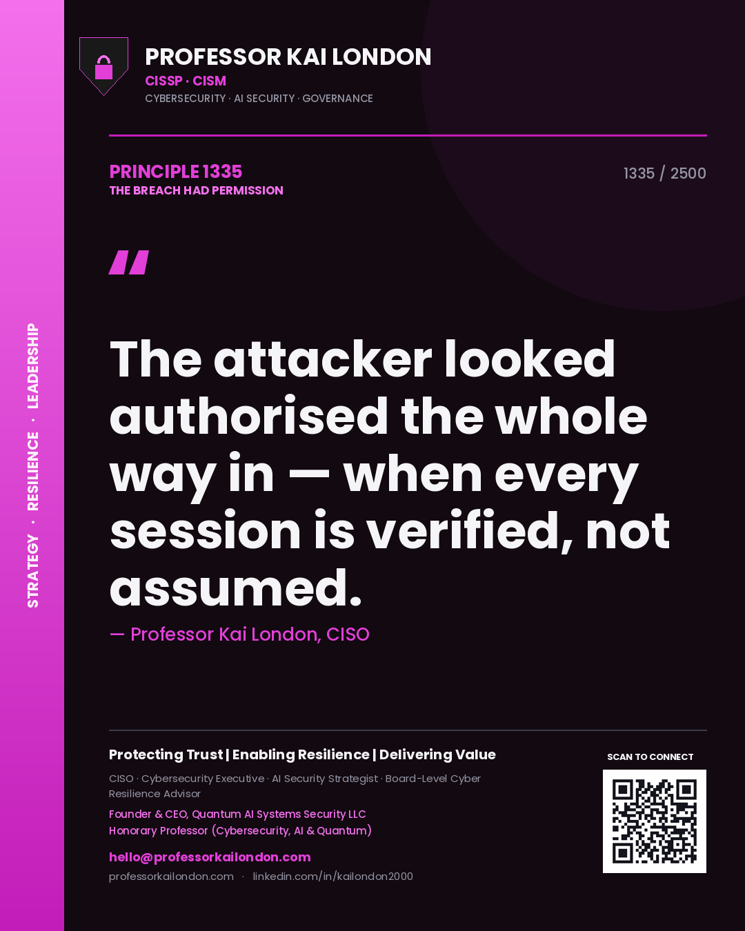 Professor Kai London principle 1335: The attacker looked authorised the whole way in — when every session is verified, not assumed.