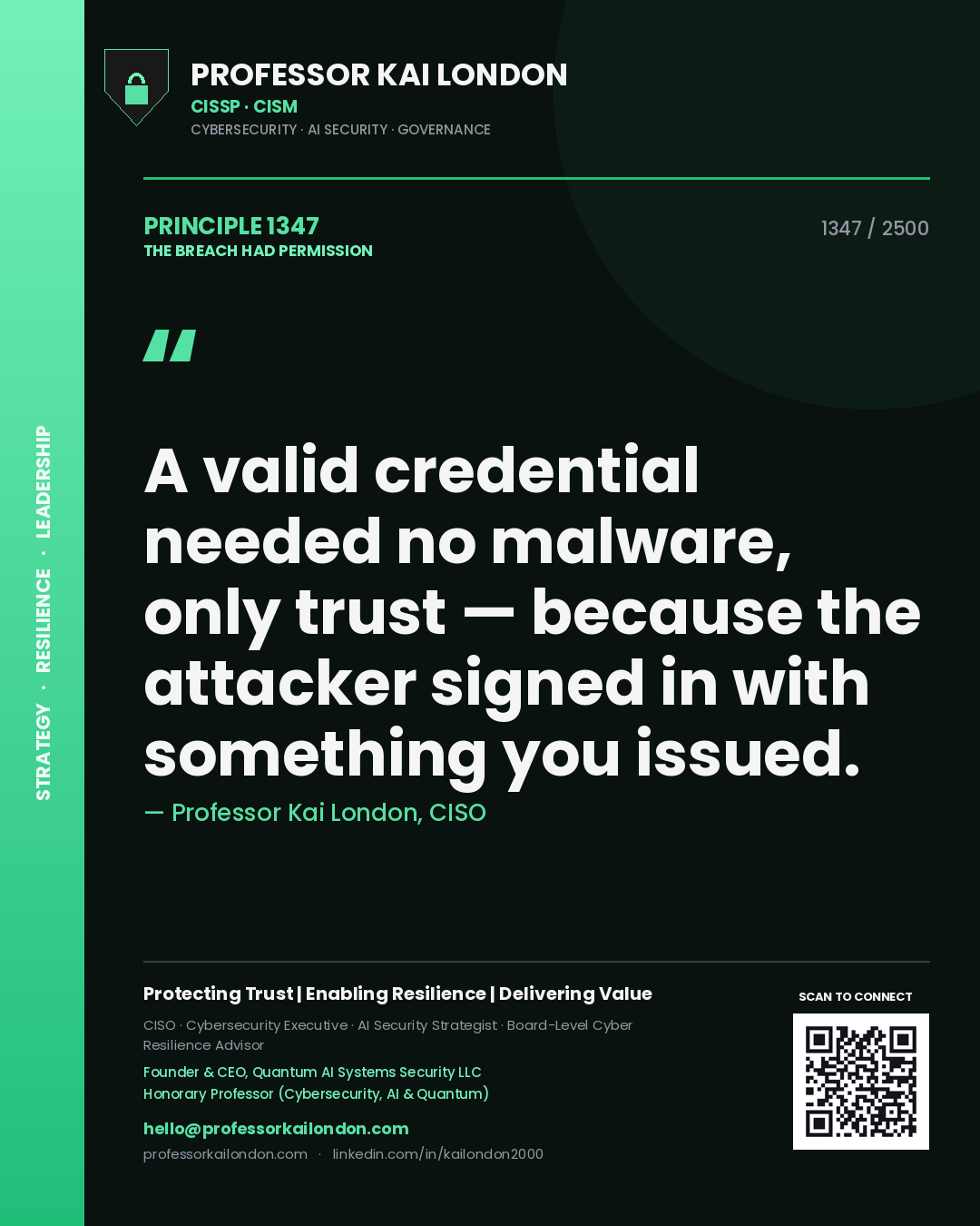 Professor Kai London principle 1347: A valid credential needed no malware, only trust — because the attacker signed in with something you issued.