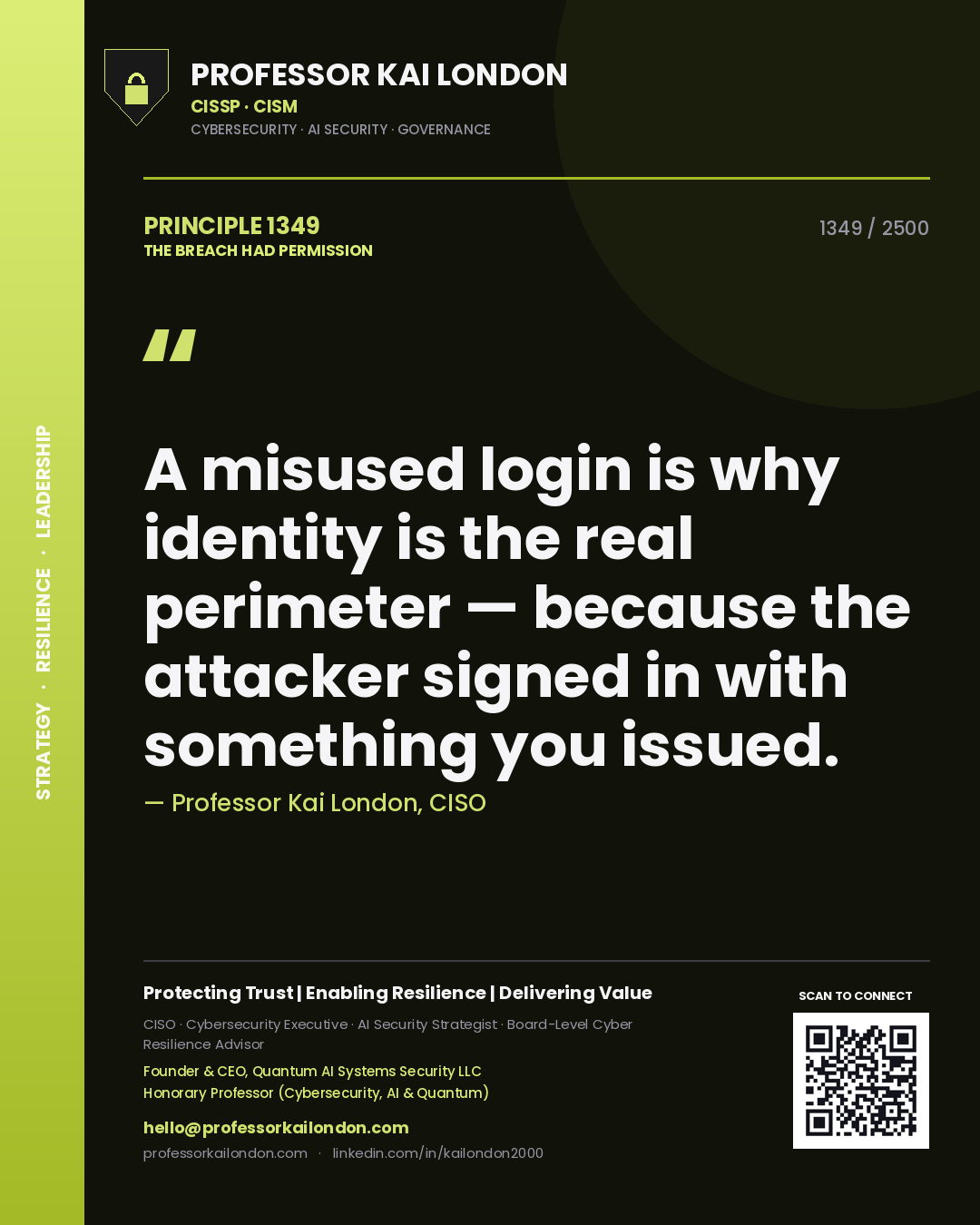 Quote card by Professor Kai London reading 'A misused login is why identity is the real perimeter — because the attacker signed in with something you issued.'. From the book The Breach Had Permission.