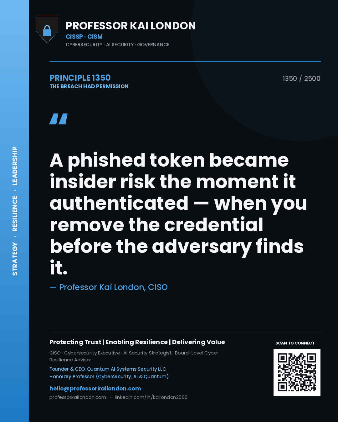Quote card by Professor Kai London reading 'A phished token became insider risk the moment it authenticated — when you remove the credential before the adversary finds it.'. From the book The Breach Had Permission.