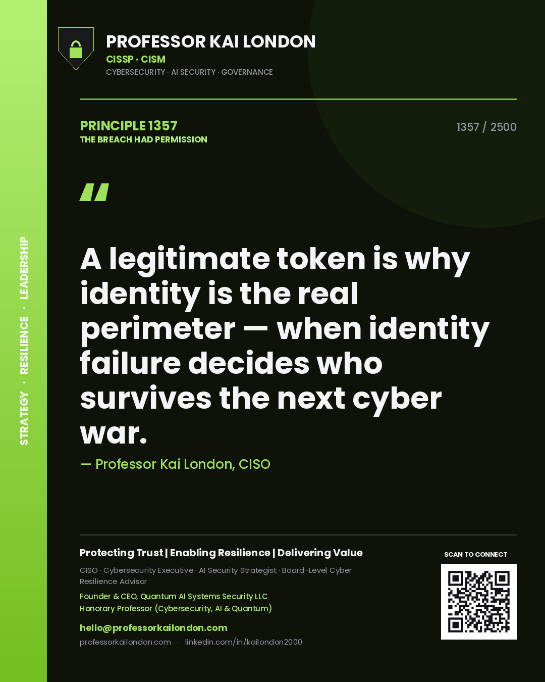 Quote card by Professor Kai London reading 'A legitimate token is why identity is the real perimeter — when identity failure decides who survives the next cyber war.'. From the book The Breach Had Permission.