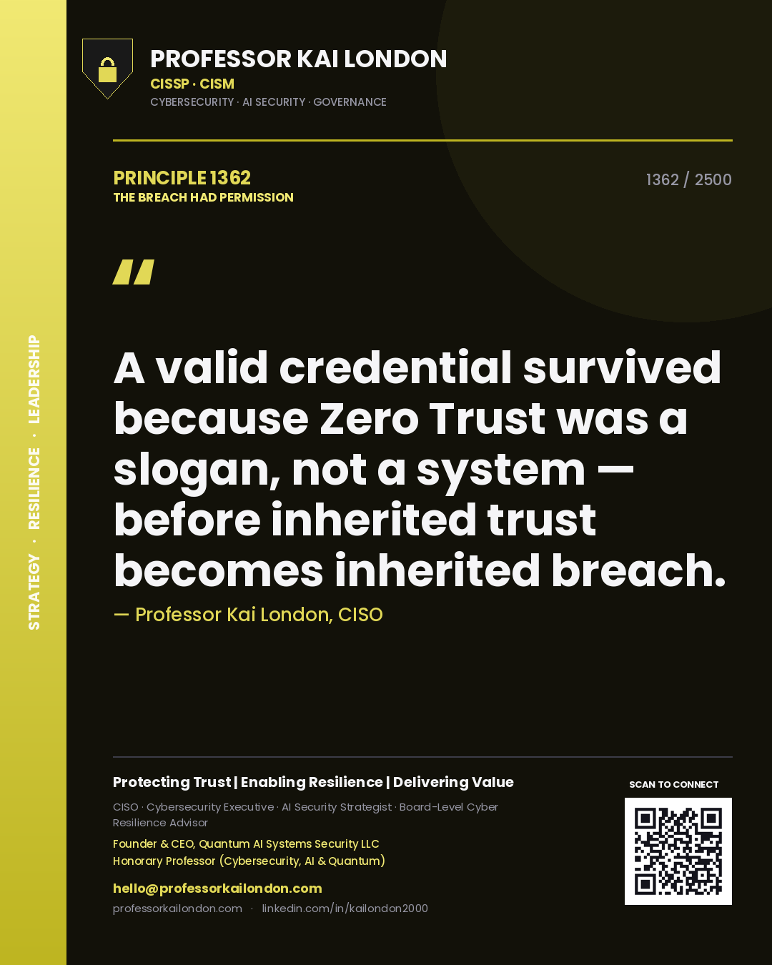 Quote card by Professor Kai London reading 'A valid credential survived because Zero Trust was a slogan, not a system — before inherited trust becomes inherited breach.'. From the book The Breach Had Permission.