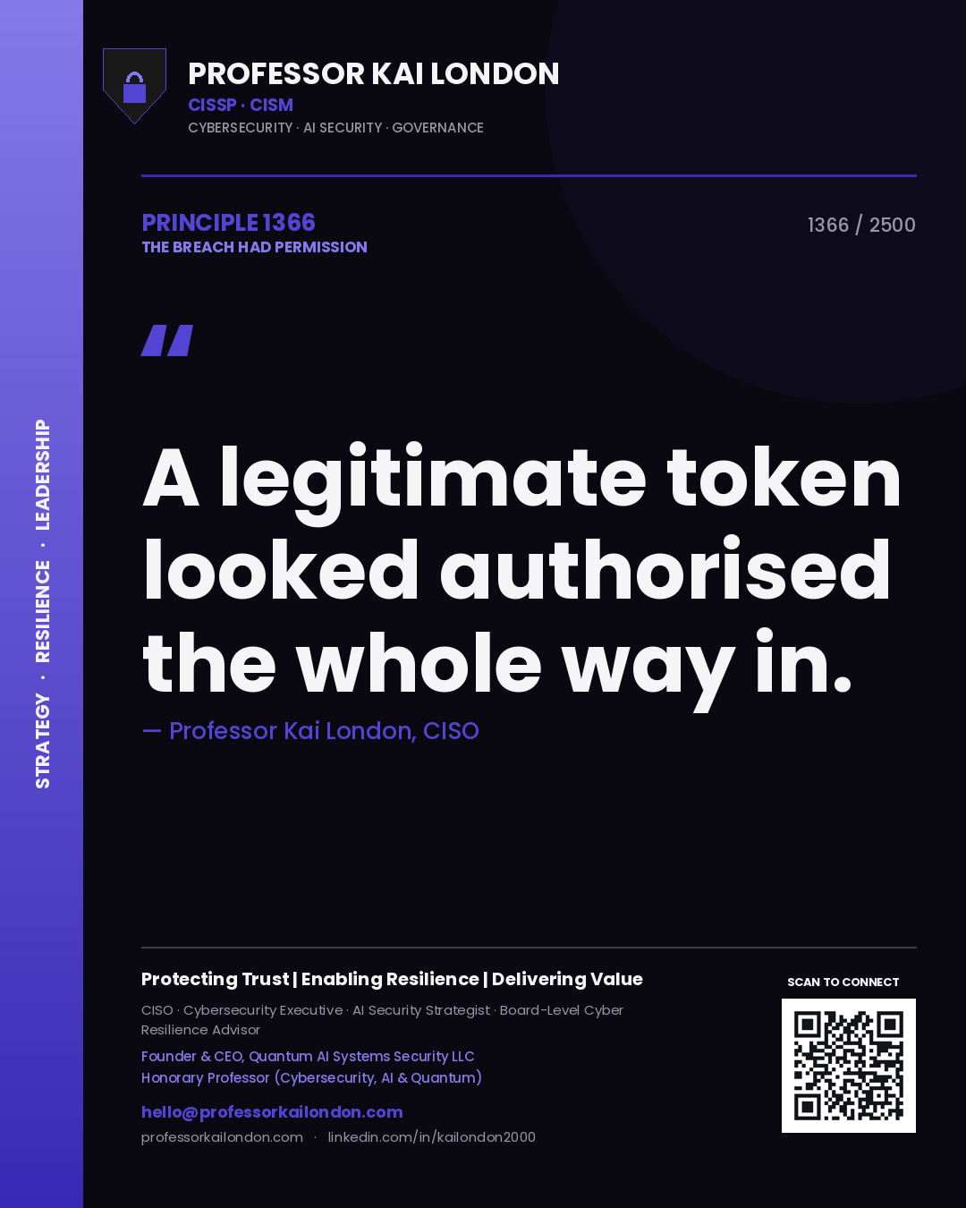 Quote card by Professor Kai London reading 'A legitimate token looked authorised the whole way in.'. From the book The Breach Had Permission.