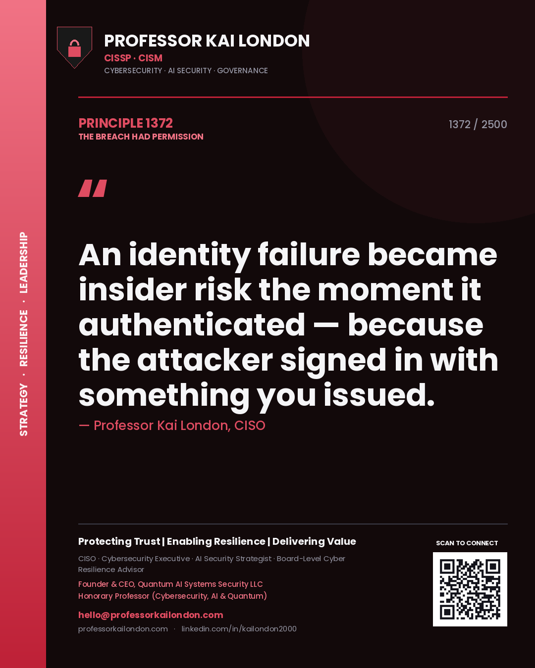Quote card by Professor Kai London reading 'An identity failure became insider risk the moment it authenticated — because the attacker signed in with something you issued.'. From the book The Breach Had Permission.