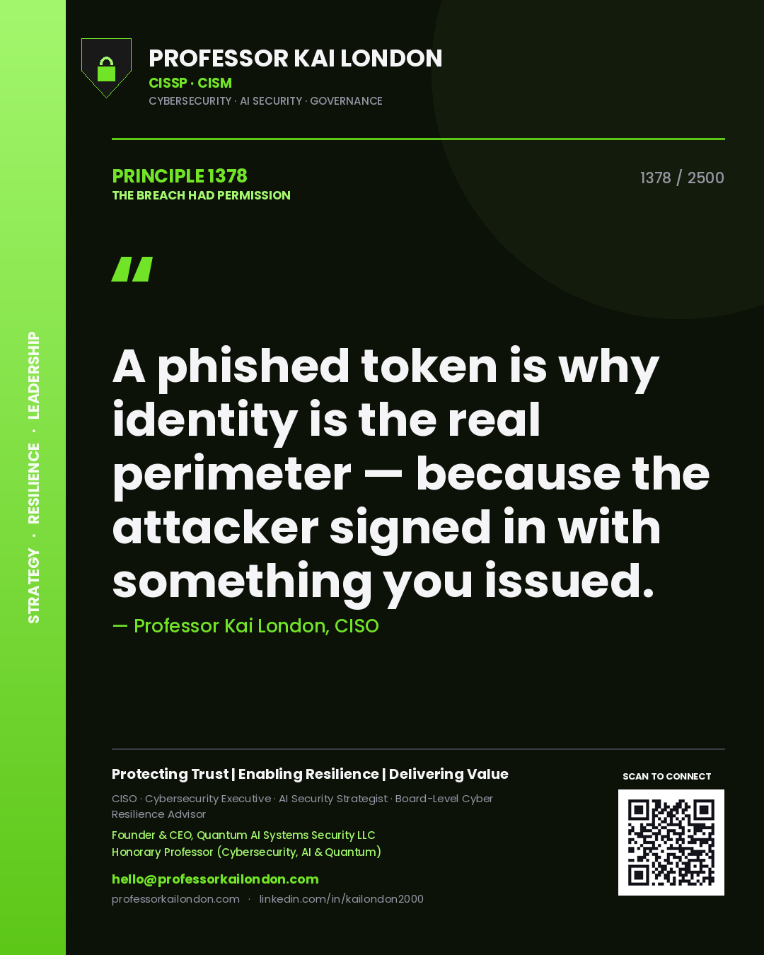 Professor Kai London principle 1378: A phished token is why identity is the real perimeter — because the attacker signed in with something you issued.