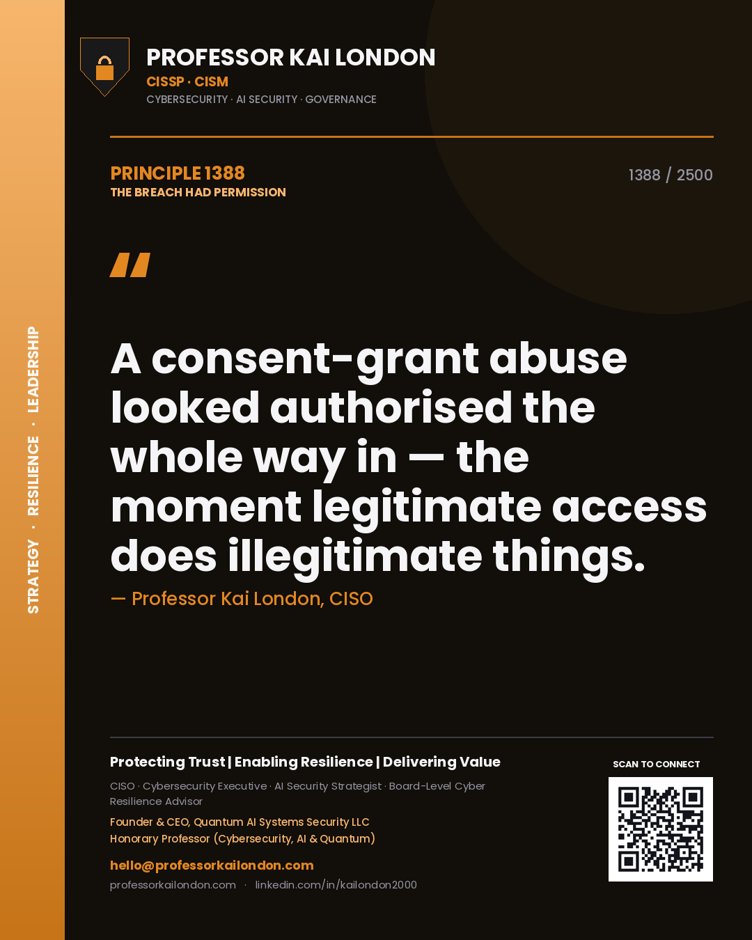 Professor Kai London principle 1388: A consent-grant abuse looked authorised the whole way in — the moment legitimate access does illegitimate things.