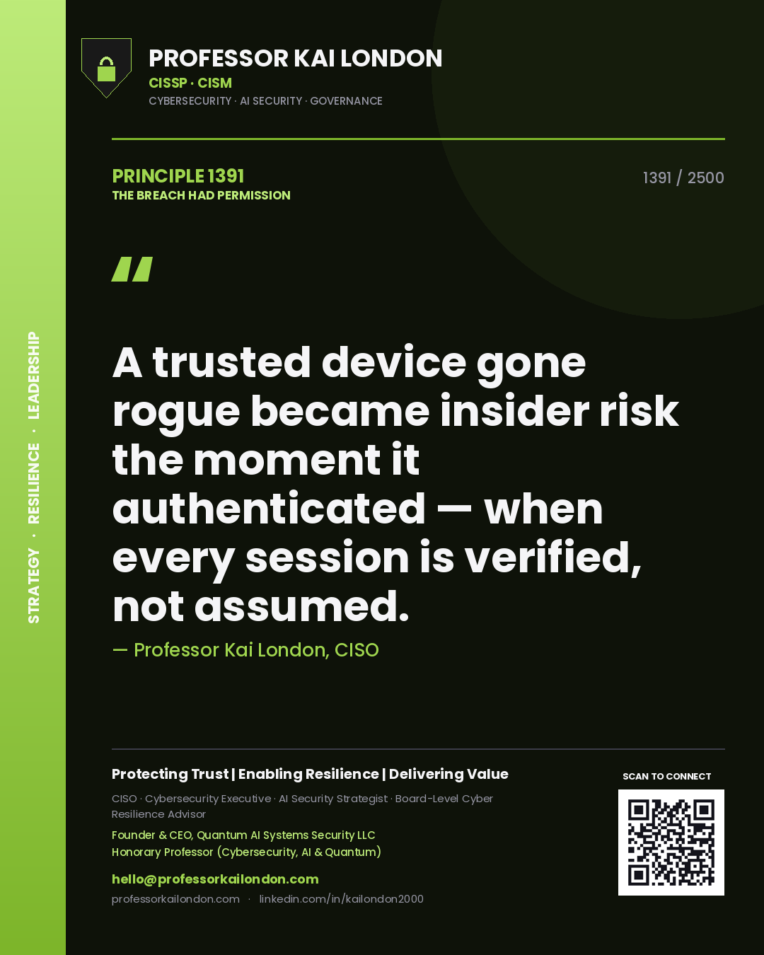 Quote card by Professor Kai London reading 'A trusted device gone rogue became insider risk the moment it authenticated — when every session is verified, not assumed.'. From the book The Breach Had Permission.