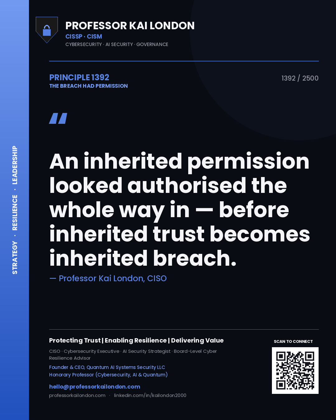 Quote card by Professor Kai London reading 'An inherited permission looked authorised the whole way in — before inherited trust becomes inherited breach.'. From the book The Breach Had Permission.
