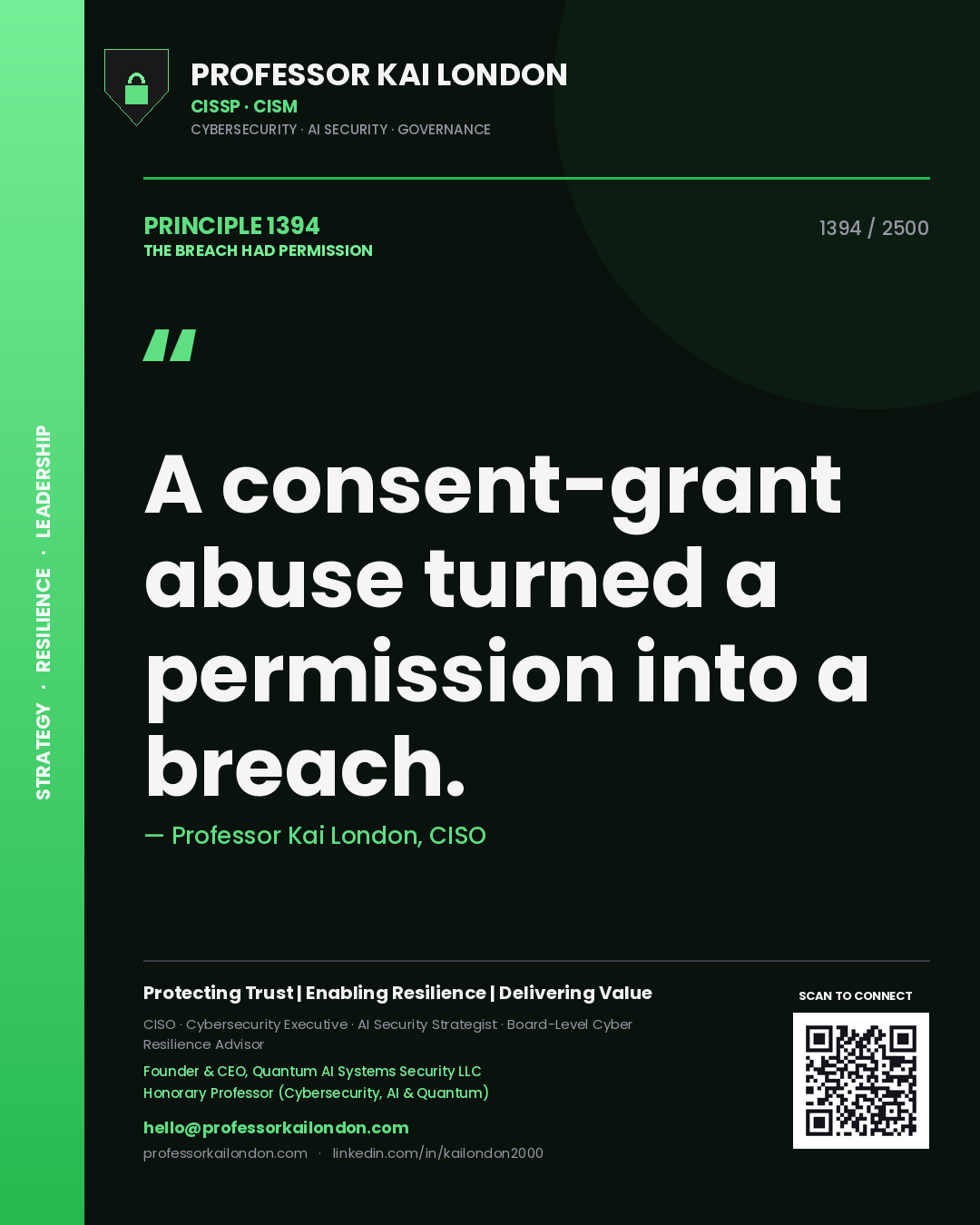 Quote card by Professor Kai London reading 'A consent-grant abuse turned a permission into a breach.'. From the book The Breach Had Permission.