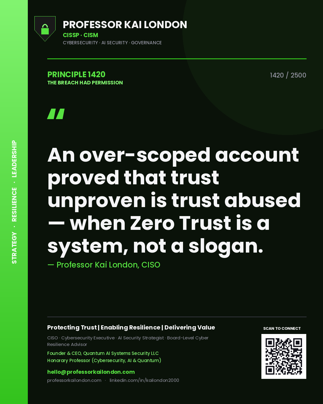 Professor Kai London principle 1420: An over-scoped account proved that trust unproven is trust abused — when Zero Trust is a system, not a slogan.