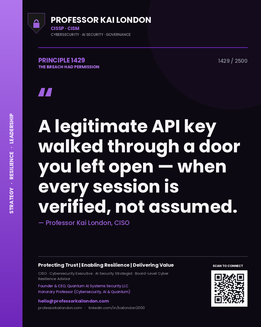 Quote card by Professor Kai London reading 'A legitimate API key walked through a door you left open — when every session is verified, not assumed.'. From the book The Breach Had Permission.