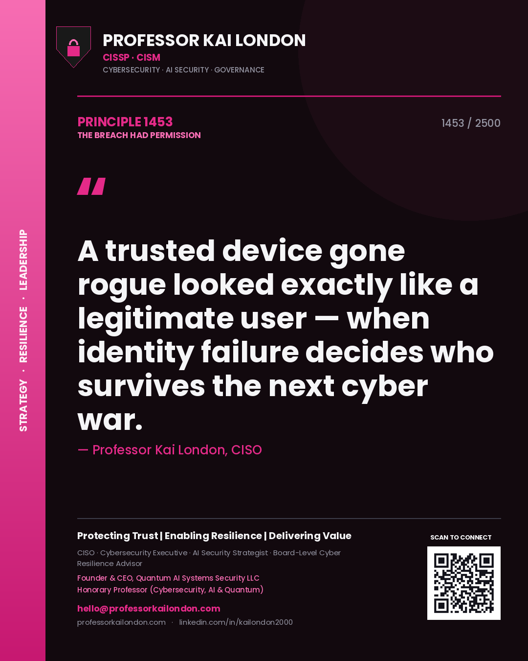 Quote card by Professor Kai London reading 'A trusted device gone rogue looked exactly like a legitimate user — when identity failure decides who survives the next cyber war.'. From the book The Breach Had Permission.