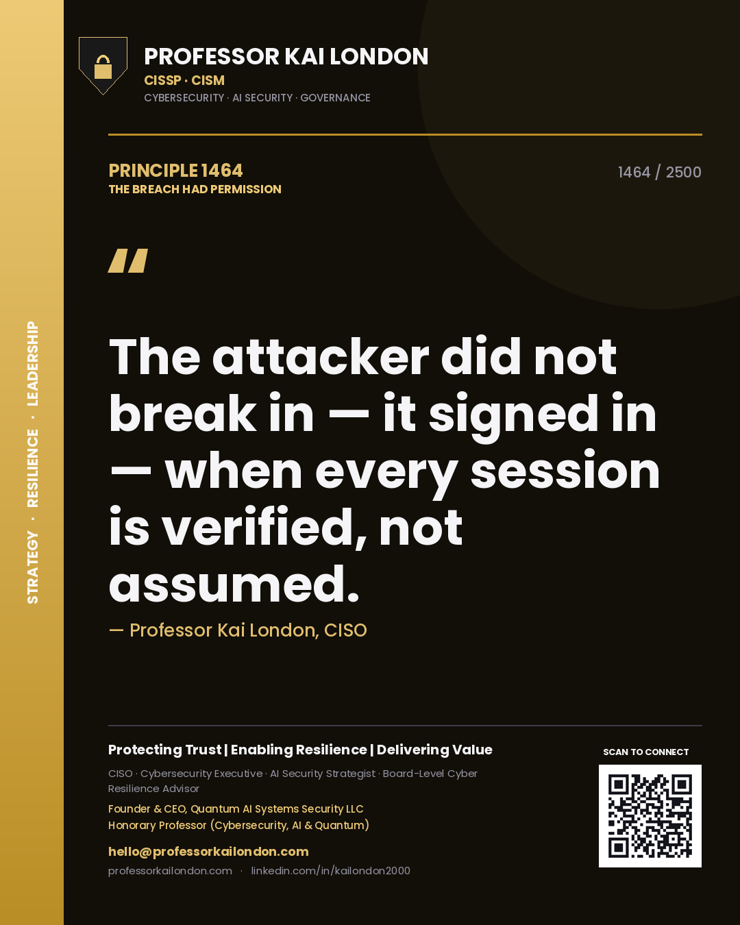 Quote card by Professor Kai London reading 'The attacker did not break in — it signed in — when every session is verified, not assumed.'. From the book The Breach Had Permission.
