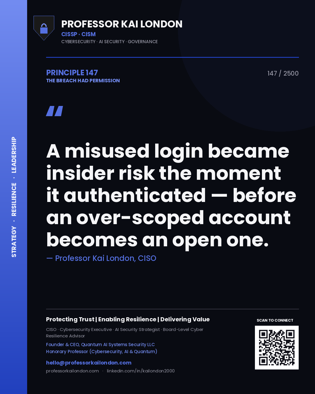 Professor Kai London principle 147: A misused login became insider risk the moment it authenticated — before an over-scoped account becomes an open one.