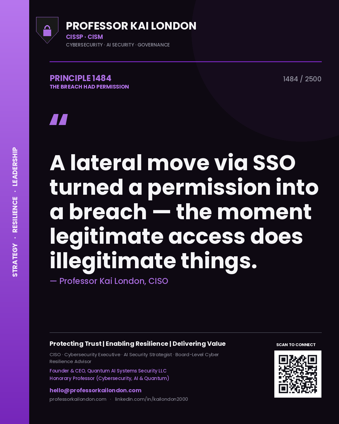 Professor Kai London principle 1484: A lateral move via SSO turned a permission into a breach — the moment legitimate access does illegitimate things.