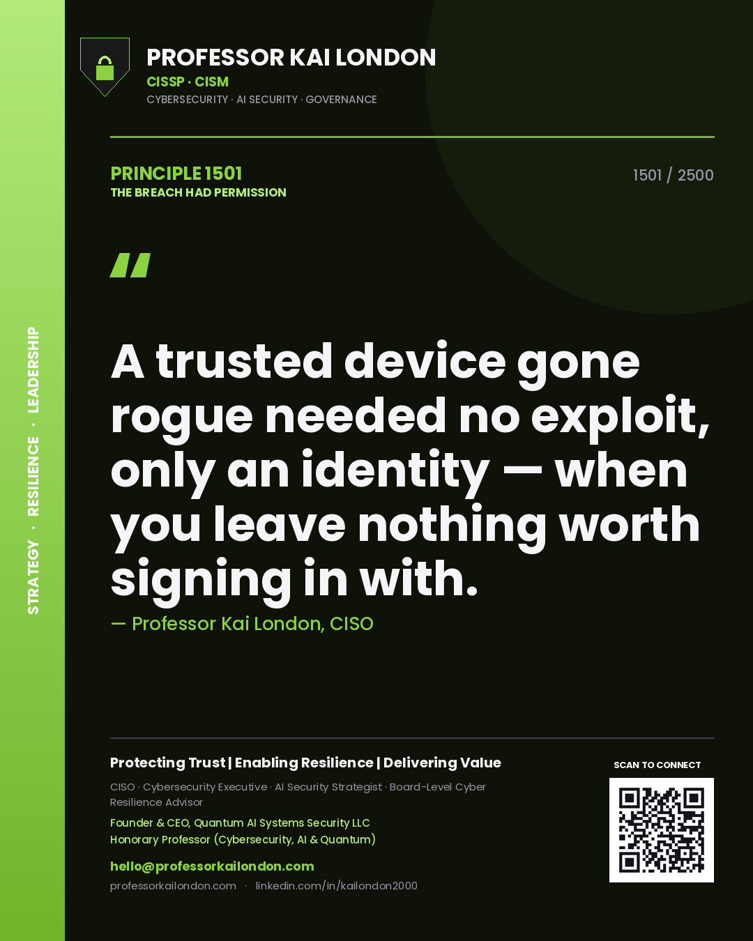 Professor Kai London principle 1501: A trusted device gone rogue needed no exploit, only an identity — when you leave nothing worth signing in with.