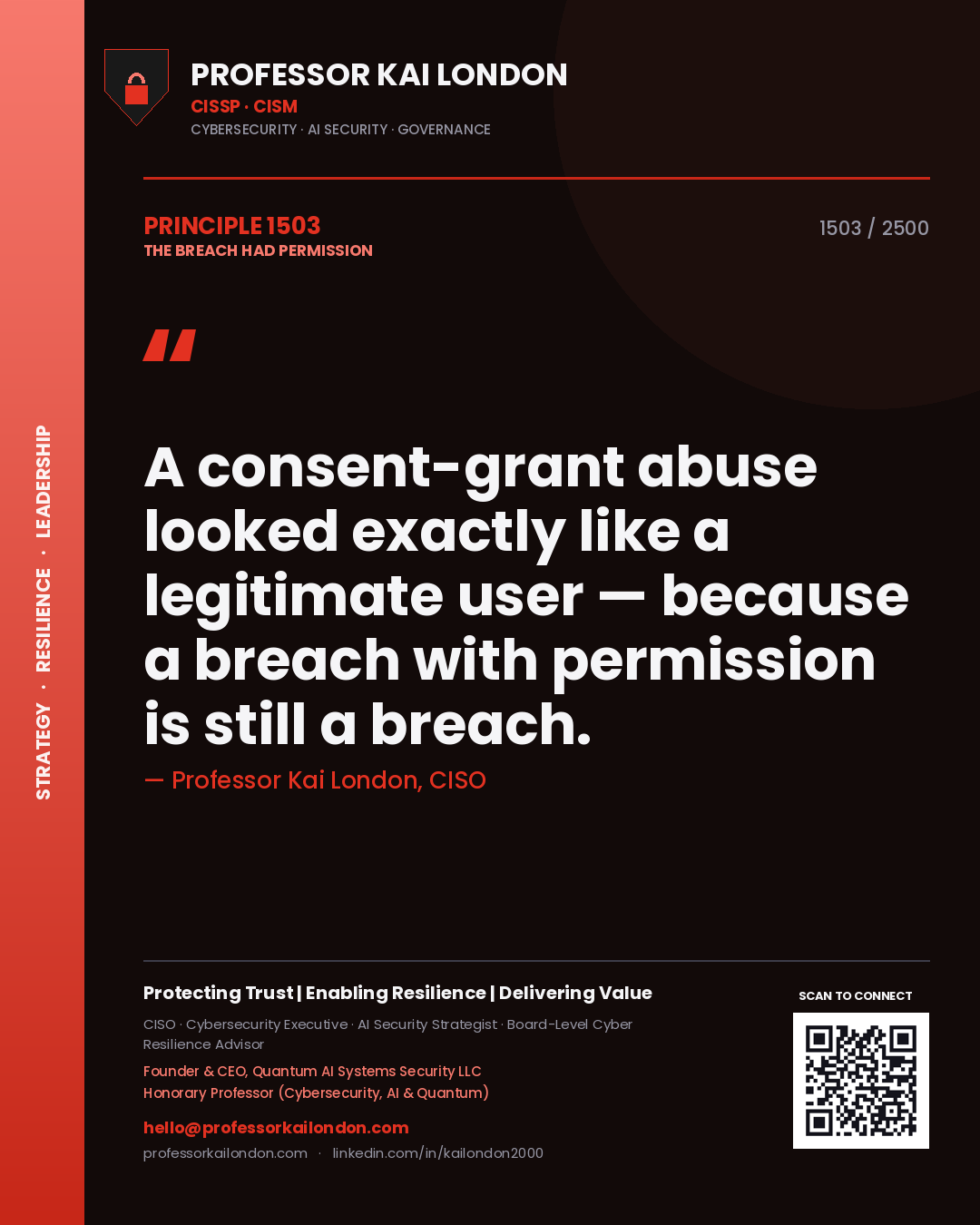 Professor Kai London principle 1503: A consent-grant abuse looked exactly like a legitimate user — because a breach with permission is still a breach.