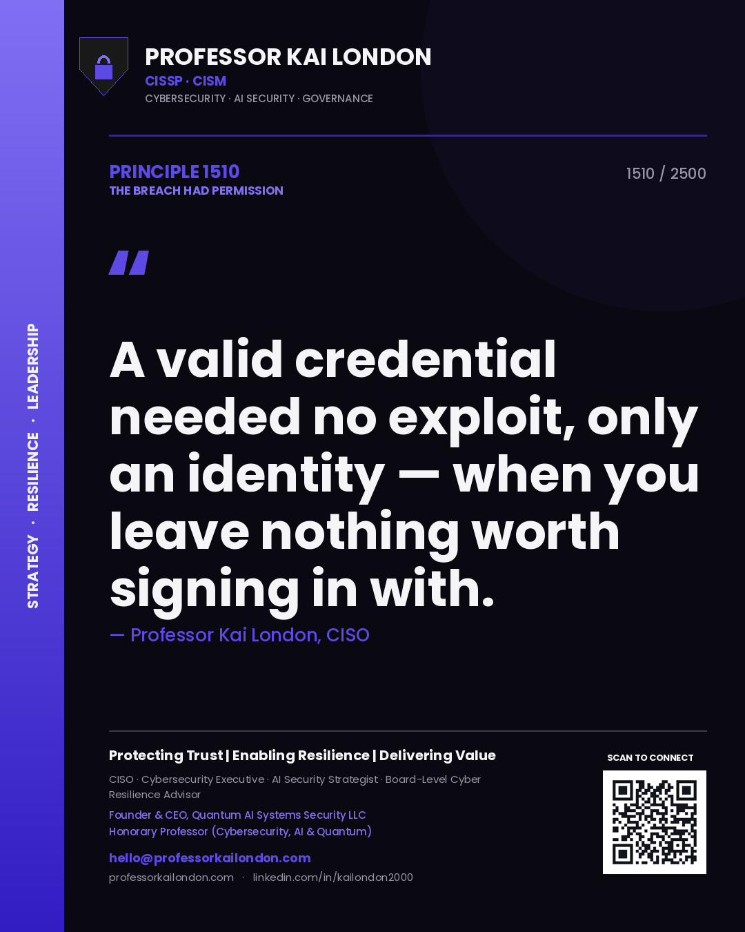 Professor Kai London principle 1510: A valid credential needed no exploit, only an identity — when you leave nothing worth signing in with.