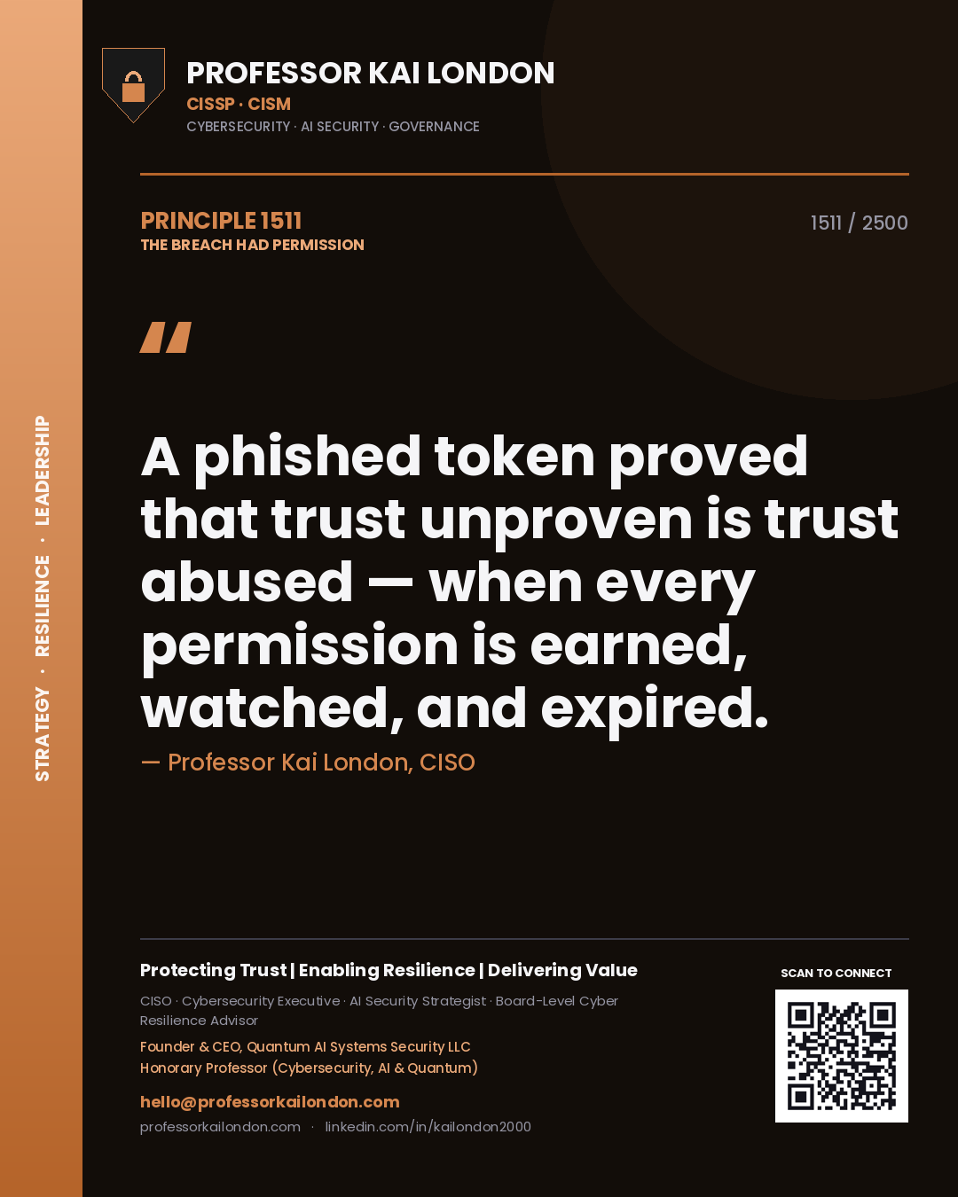 Professor Kai London principle 1511: A phished token proved that trust unproven is trust abused — when every permission is earned, watched, and expired.