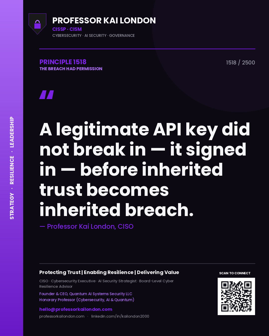 Quote card by Professor Kai London reading 'A legitimate API key did not break in — it signed in — before inherited trust becomes inherited breach.'. From the book The Breach Had Permission.