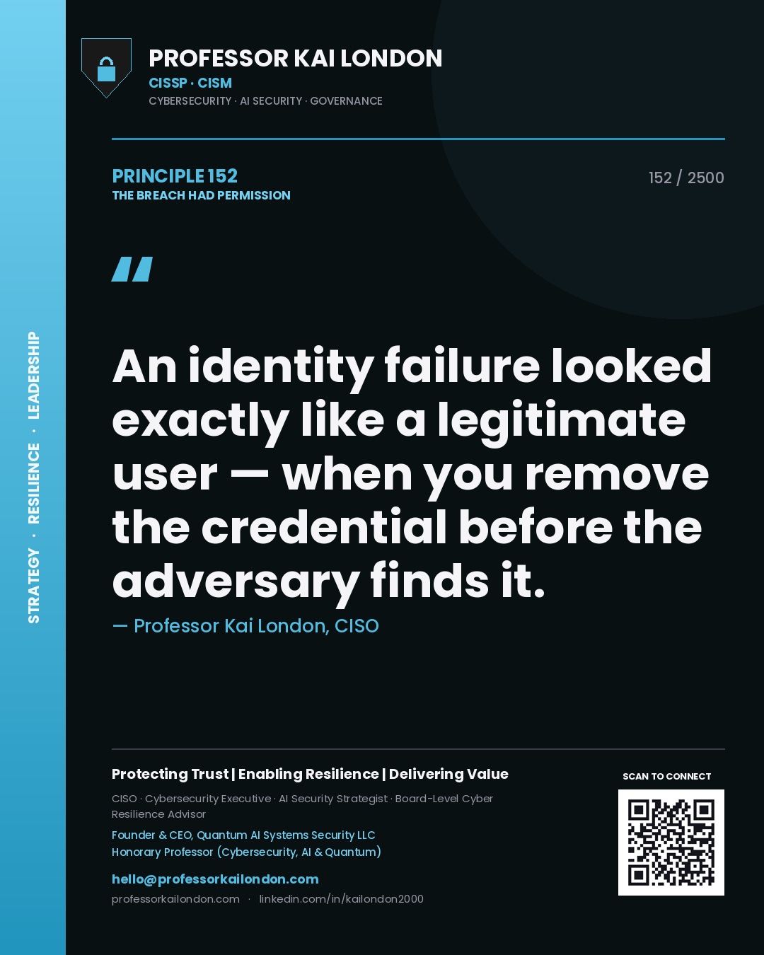 Professor Kai London principle 152: An identity failure looked exactly like a legitimate user — when you remove the credential before the adversary finds it.