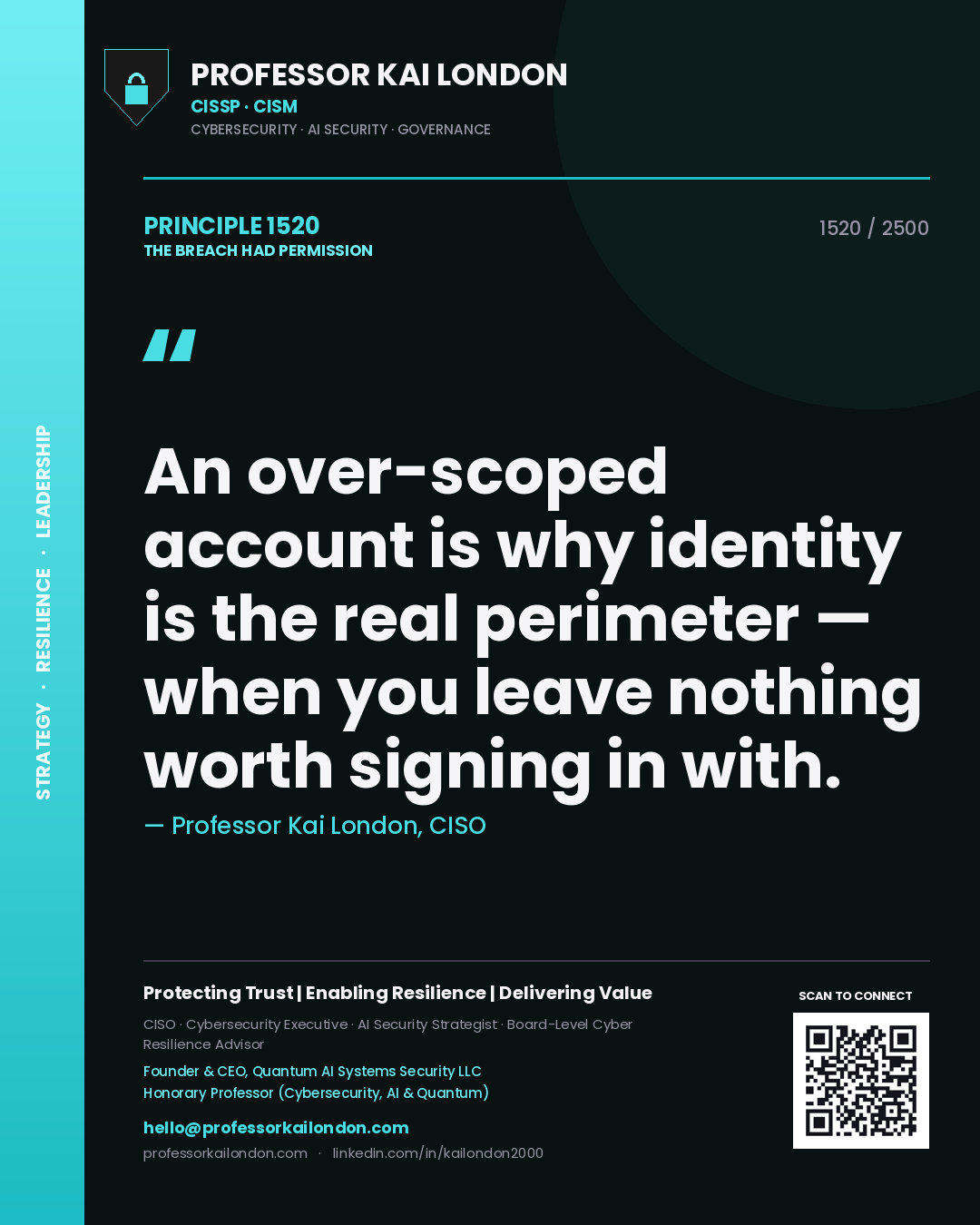 Professor Kai London principle 1520: An over-scoped account is why identity is the real perimeter — when you leave nothing worth signing in with.