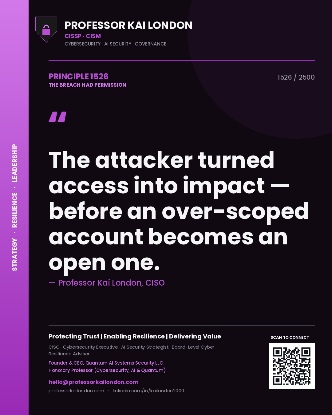 Professor Kai London principle 1526: The attacker turned access into impact — before an over-scoped account becomes an open one.
