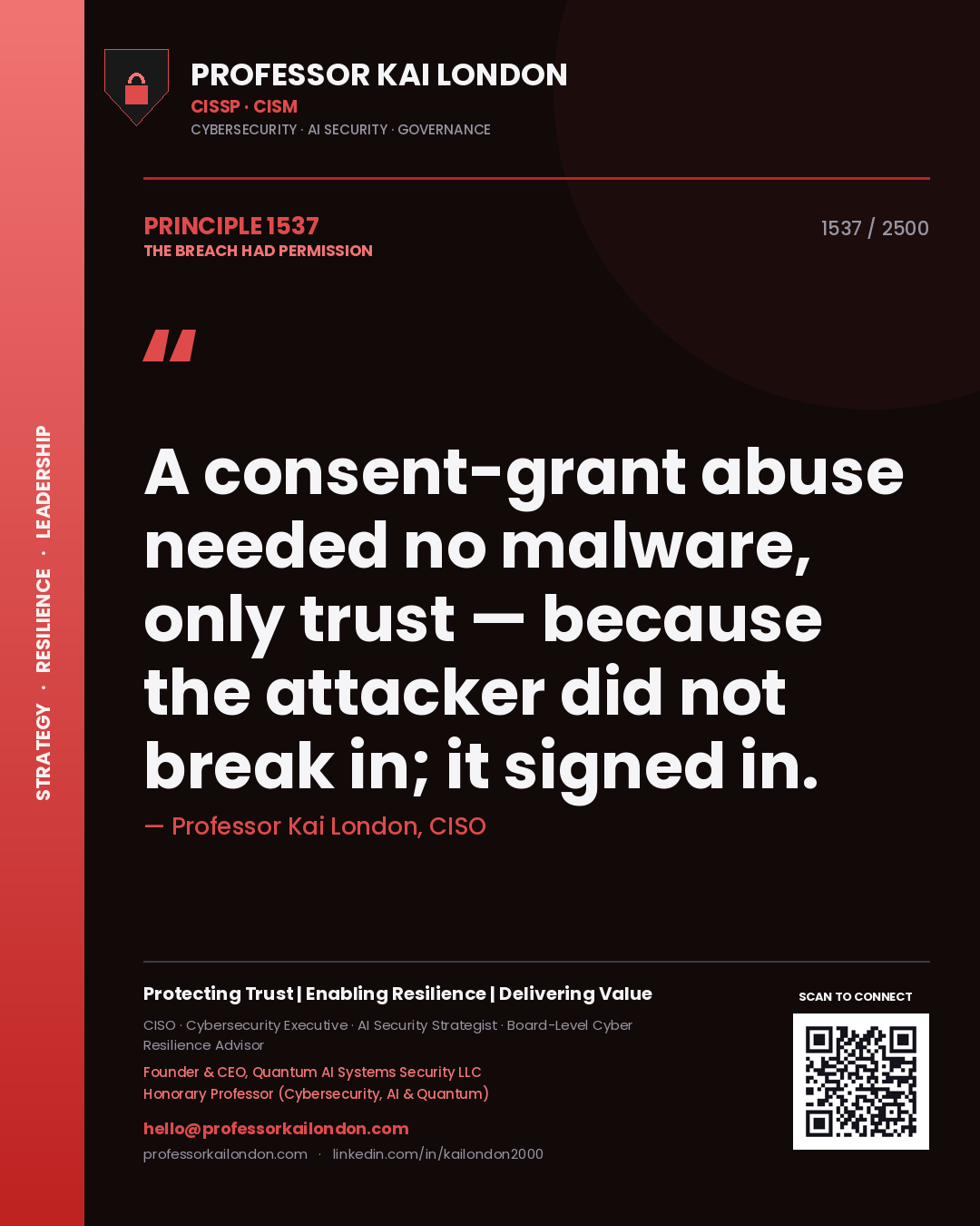 Quote card by Professor Kai London reading 'A consent-grant abuse needed no malware, only trust — because the attacker did not break in; it signed in.'. From the book The Breach Had Permission.
