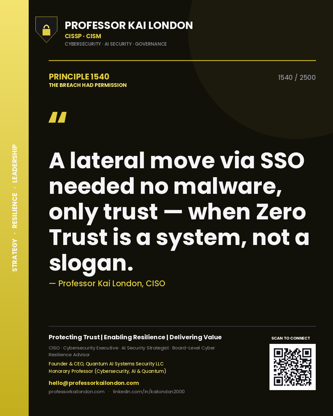 Quote card by Professor Kai London reading 'A lateral move via SSO needed no malware, only trust — when Zero Trust is a system, not a slogan.'. From the book The Breach Had Permission.