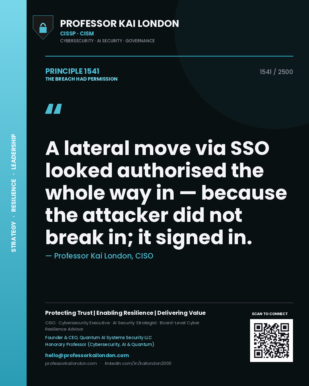 Quote card by Professor Kai London reading 'A lateral move via SSO looked authorised the whole way in — because the attacker did not break in; it signed in.'. From the book The Breach Had Permission.