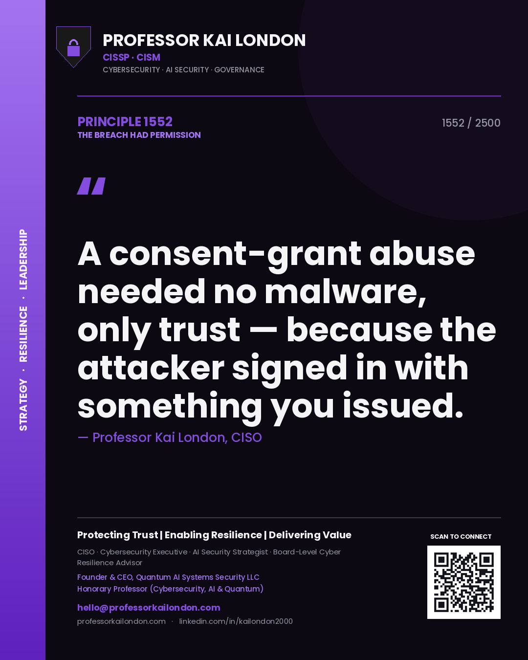 Quote card by Professor Kai London reading 'A consent-grant abuse needed no malware, only trust — because the attacker signed in with something you issued.'. From the book The Breach Had Permission.